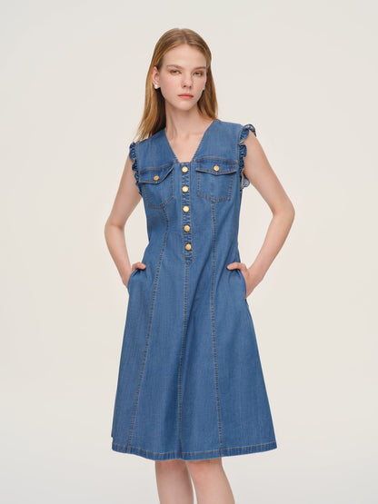 Lyocell Blend Denim V-Neck Women Sleeveless Midi Dress