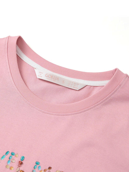Cotton Beaded Letter Women T-Shirt