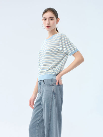 Lyocell Blend Blue And White Stripe Women Knit Top