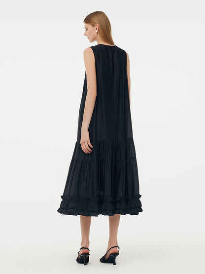 Tencel Ruffle Hem Women Tiered Vest Midi Dress With Slip Dress And Belt
