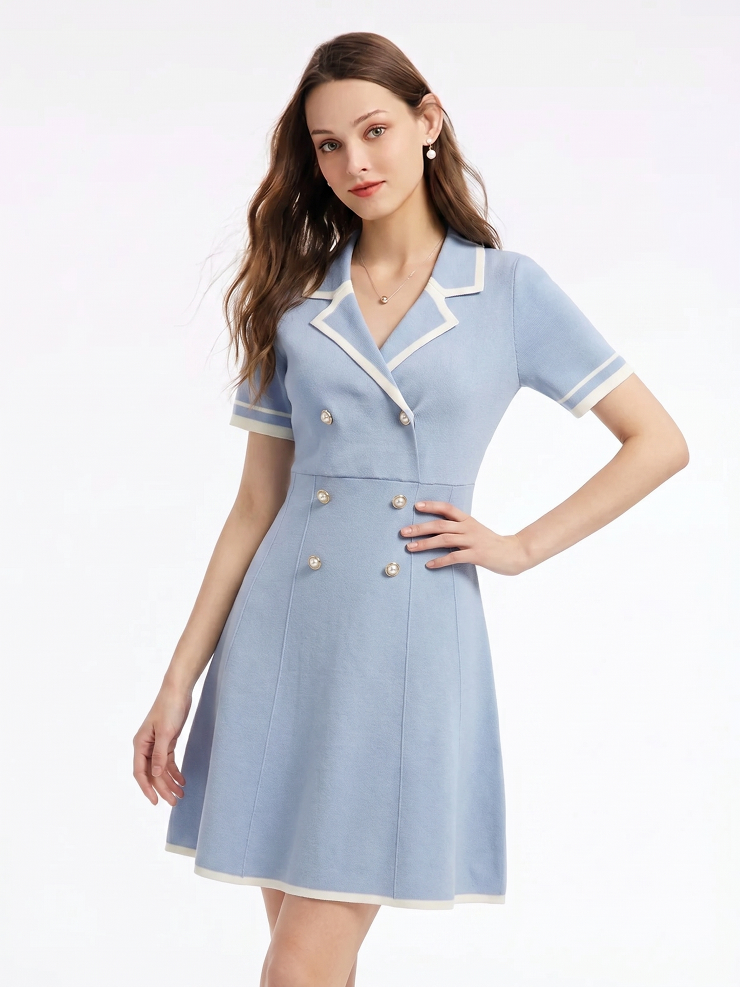 Tencel Blend Contrast Trim Women Lapel Knit Mini Dress