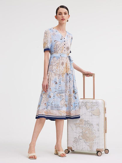 19 Momme Silk Map Print Midi Dress