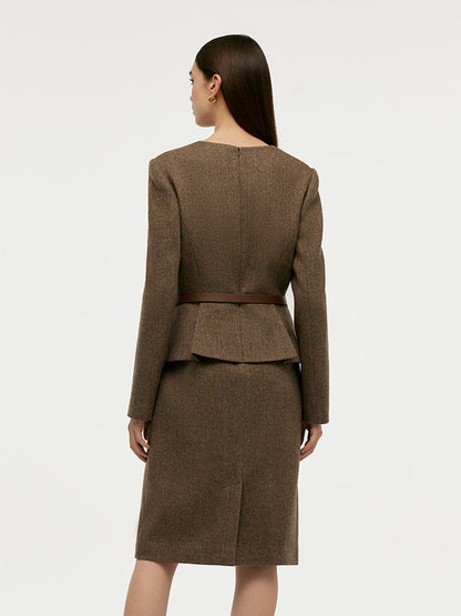 Washable Wool Faux-Layered Women Mini Dress With Belt