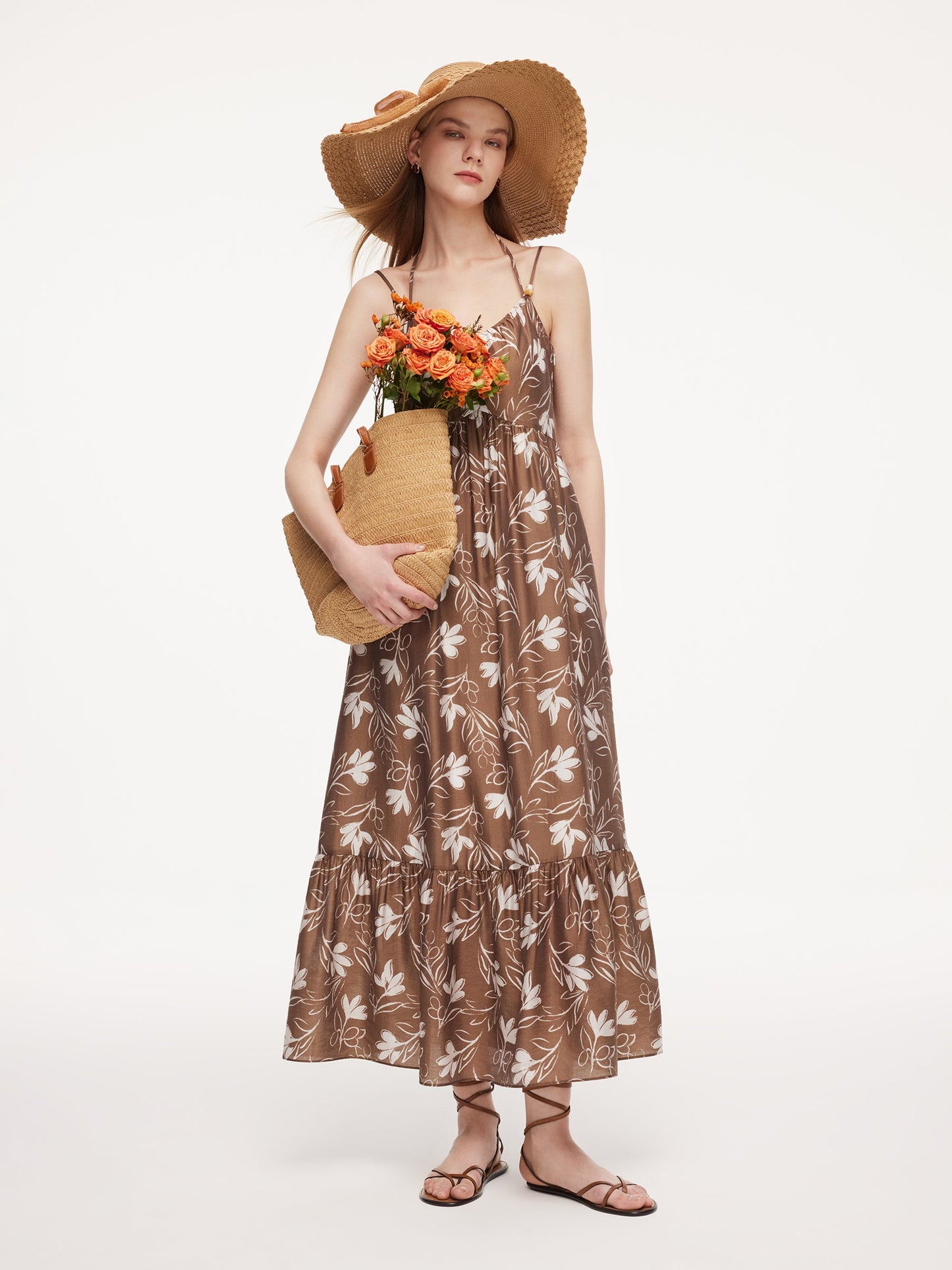 Tencel Blend Floral Print Women Strap Maxi Dress