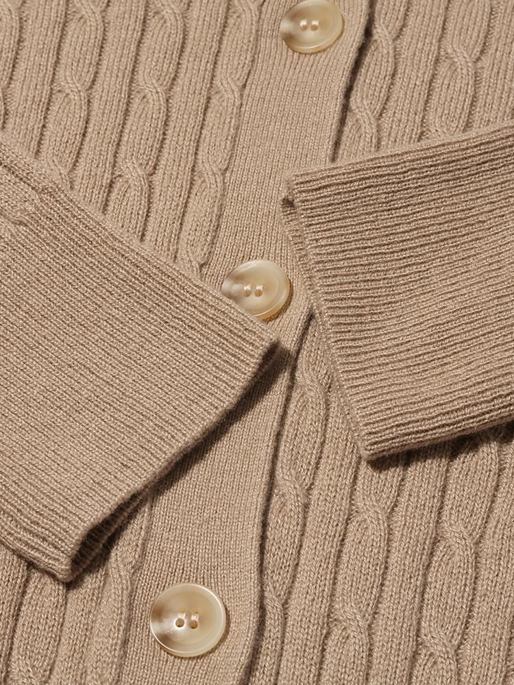 Camel Pure Cashmere V-Neck Cable Knit Women Cardigan