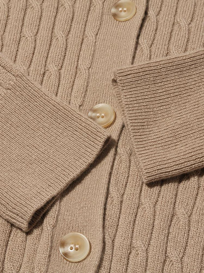 Camel Pure Cashmere V-Neck Cable Knit Women Cardigan