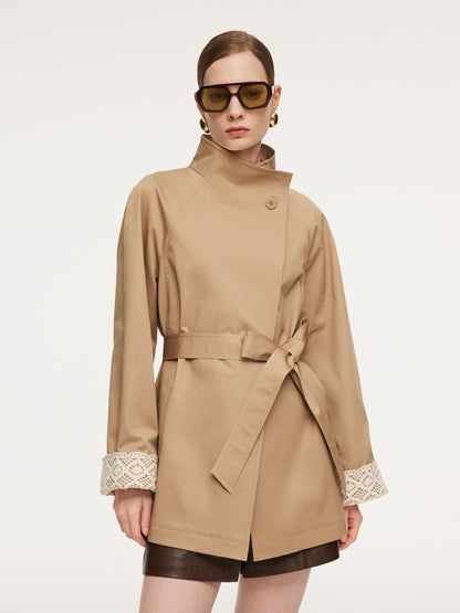 Cotton Stand Collar Lace Cuffs Women Self-Tie Belt Trench Coat