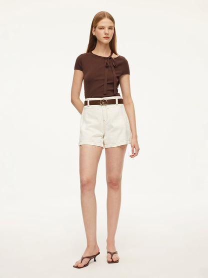 100% Cotton Denim Women Slim Fit Shorts With Belt