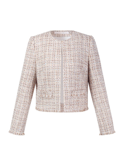 Wool Blend Textured Tweed Frayed Hem Women Jacket
