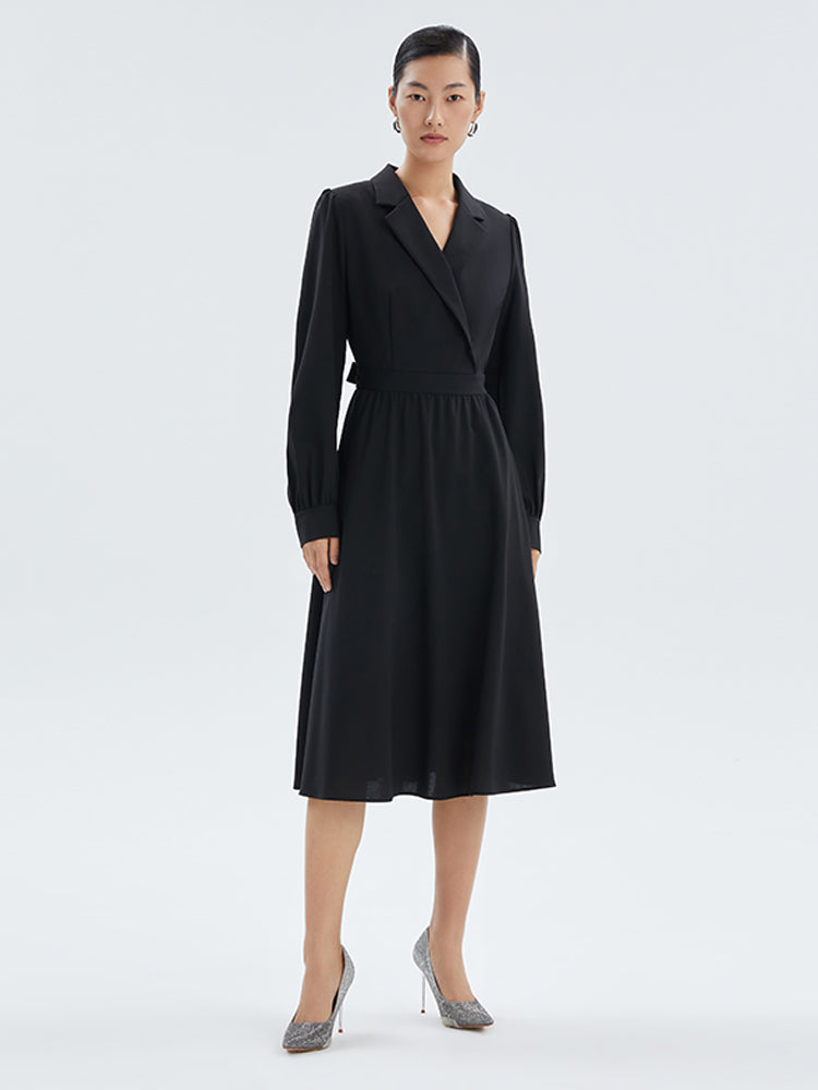 Worsted Wool V-Neck Lapel Midi Dress