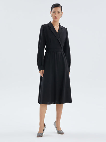 Worsted Wool V-Neck Lapel Midi Dress