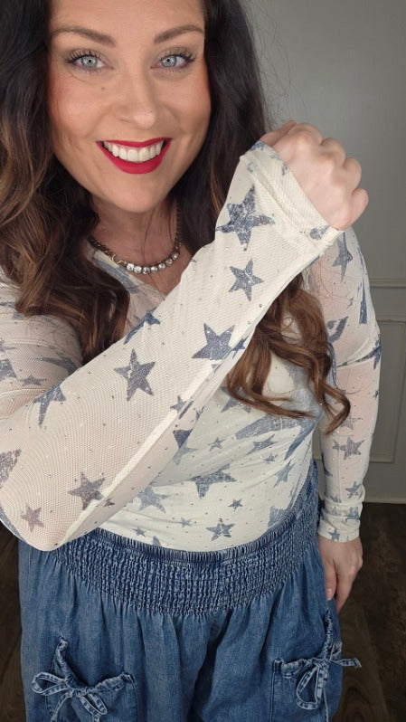 Mesh Stars Embellished Long Sleeve Top