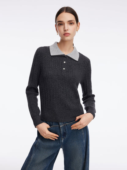 100% Wool Faux-Layered Lapel Women Knit Top