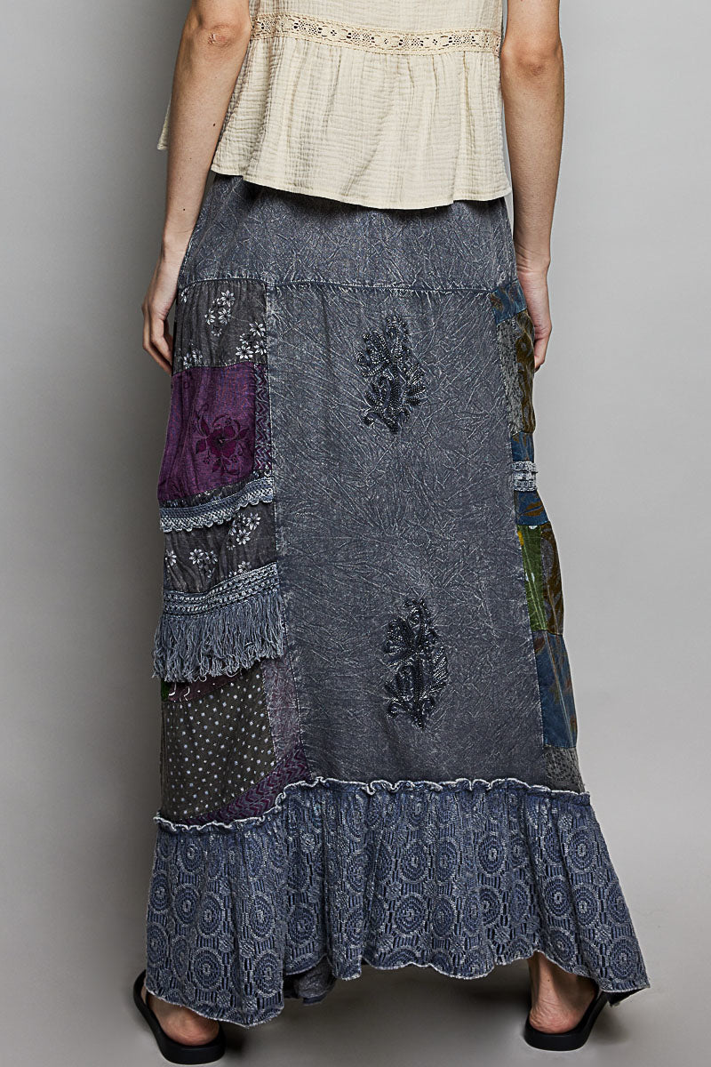 POL Printed Patchwork Embroidered Ruffled Skirt