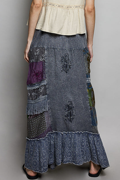 POL Printed Patchwork Embroidered Ruffled Skirt