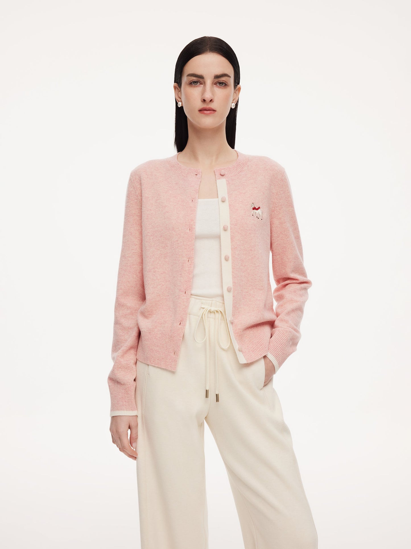 100% Wool Color Block Pony Embroidered Women Cardigan