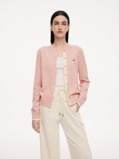 100% Wool Color Block Pony Embroidered Women Cardigan