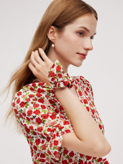 Tencel And Linen Blend Women Rose Print Midi Dress