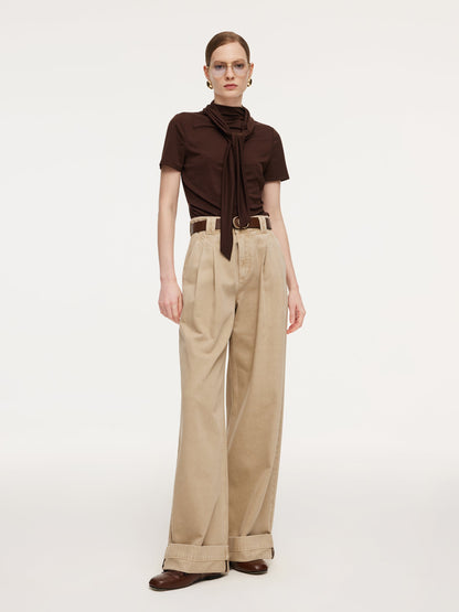 Tencel Blend Mock Neck Ruched Women Knit Top With Triangle Scarf