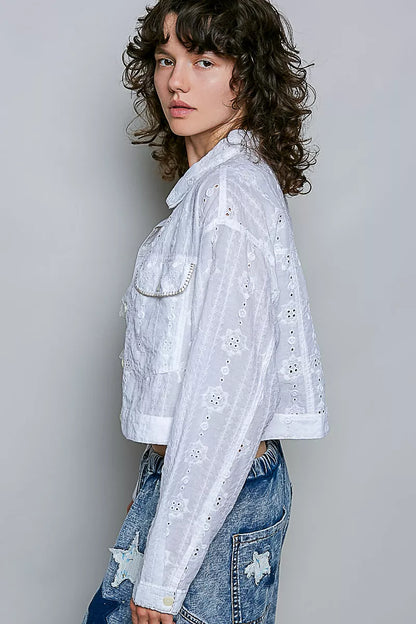 POL Eyelet Textured Cotton Cropped Button Front Jacket
