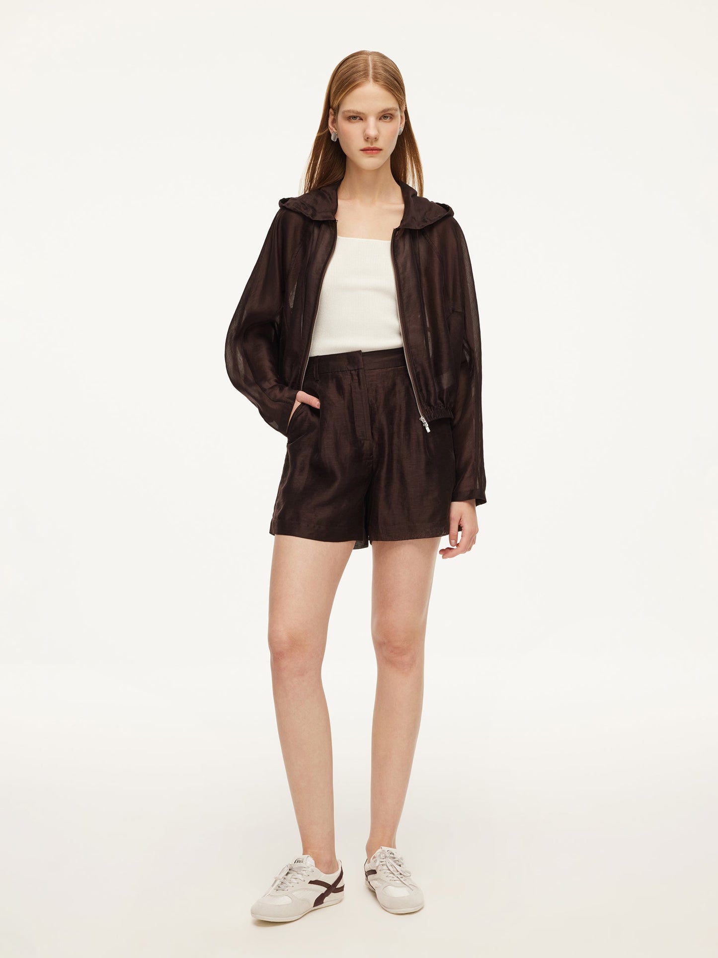 Tencel Linen Blend Women Sheer Hooded Jacket