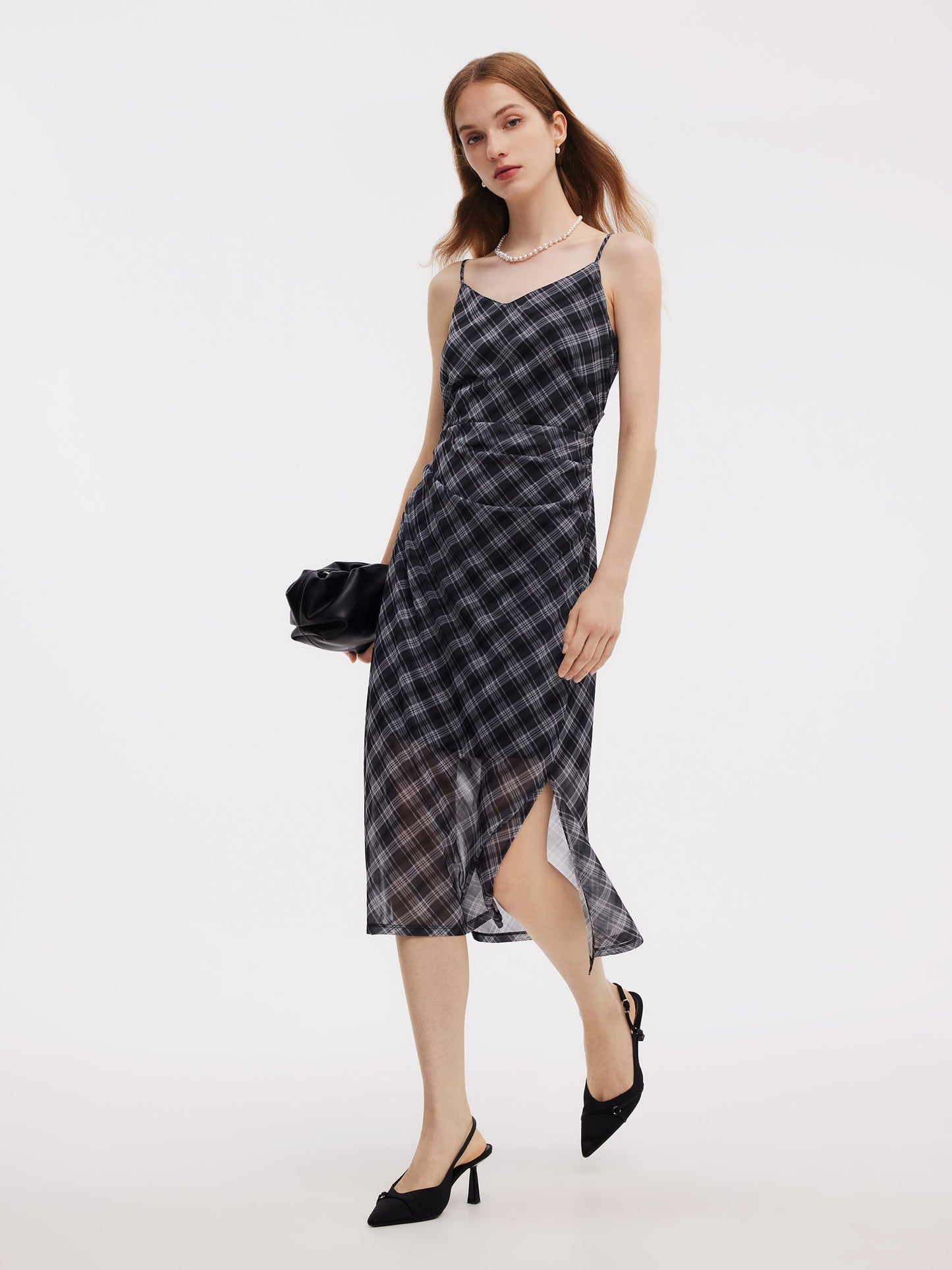 Plaid Adjustable Straps Slip Midi Dress And Cardigan Two-Piece Set