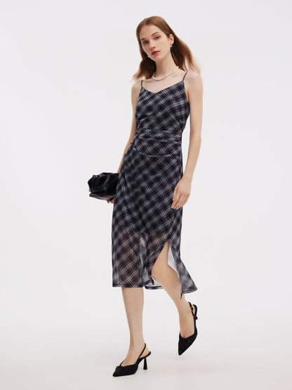 Plaid Adjustable Straps Slip Midi Dress And Cardigan Two-Piece Set