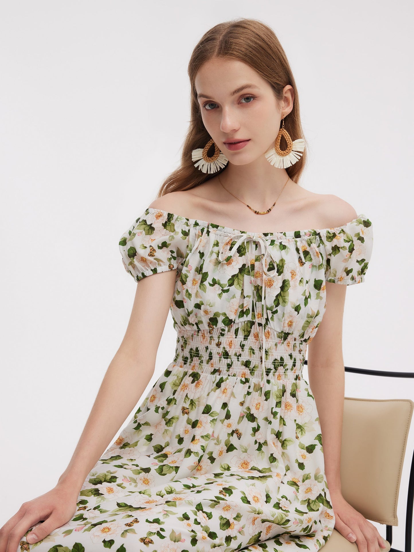 Acetate Blend Floral Print Adjustable Drawstring Neckline Women Maxi Dress
