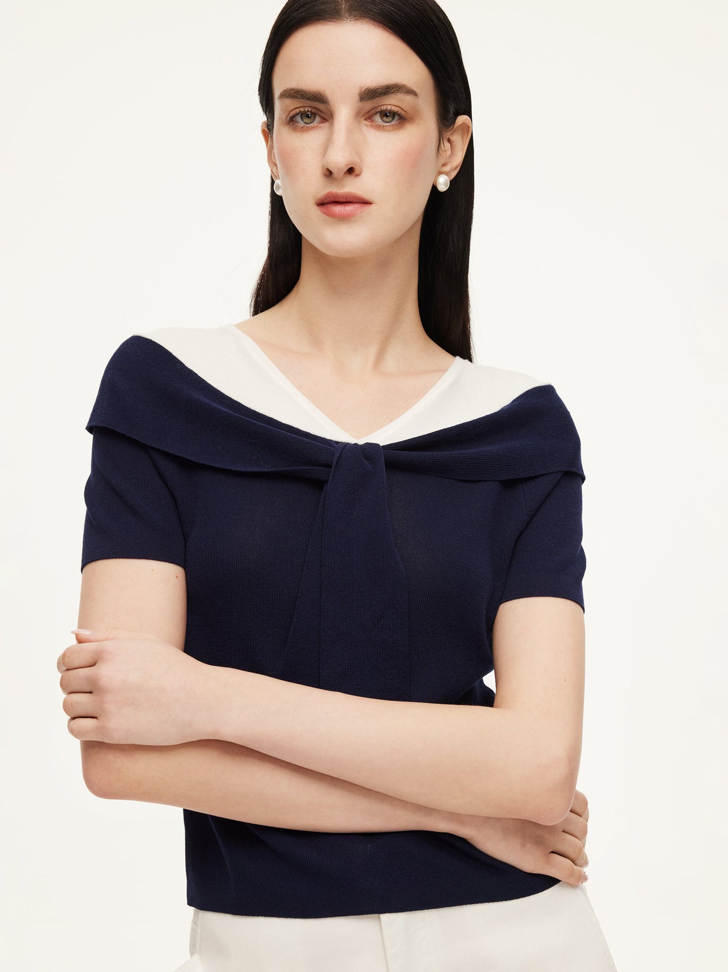 Tencel Blend Color Block Tie Front Women Knit Top