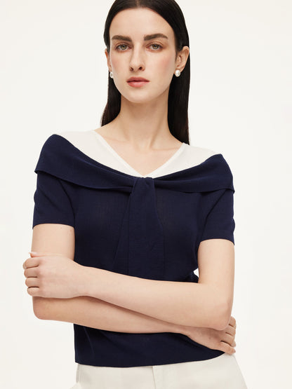 Tencel Blend Color Block Tie Front Women Knit Top