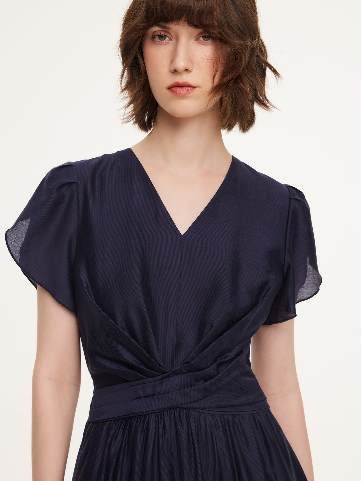 Tencel Blend Twist Front V-Neck Women Maxi Dress
