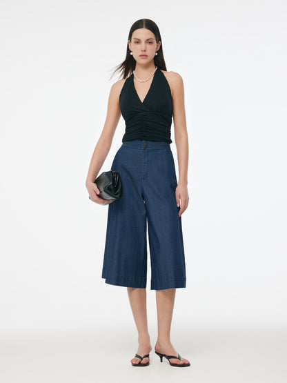 Denim High Waisted Women Wide Leg Cropped Culottes