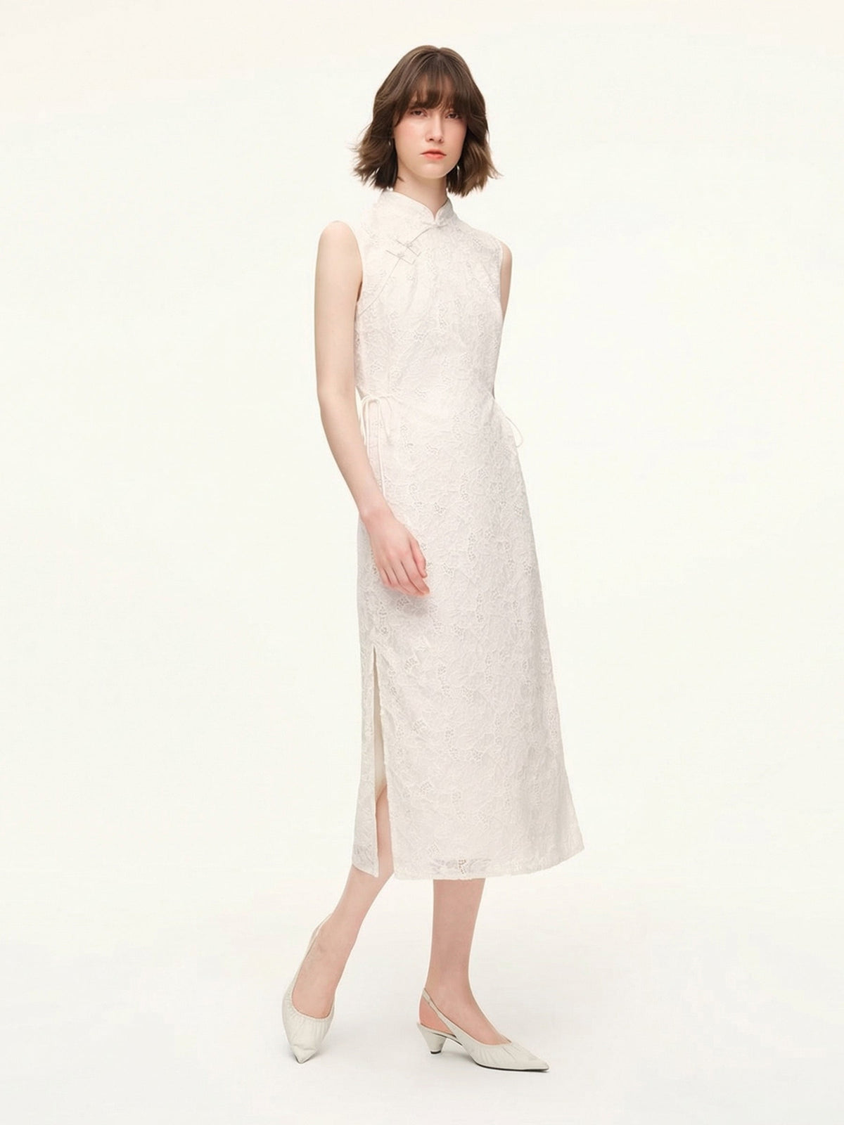 Lace Sequins Adjustable Drawstring Waist Women Qipao Midi Dress