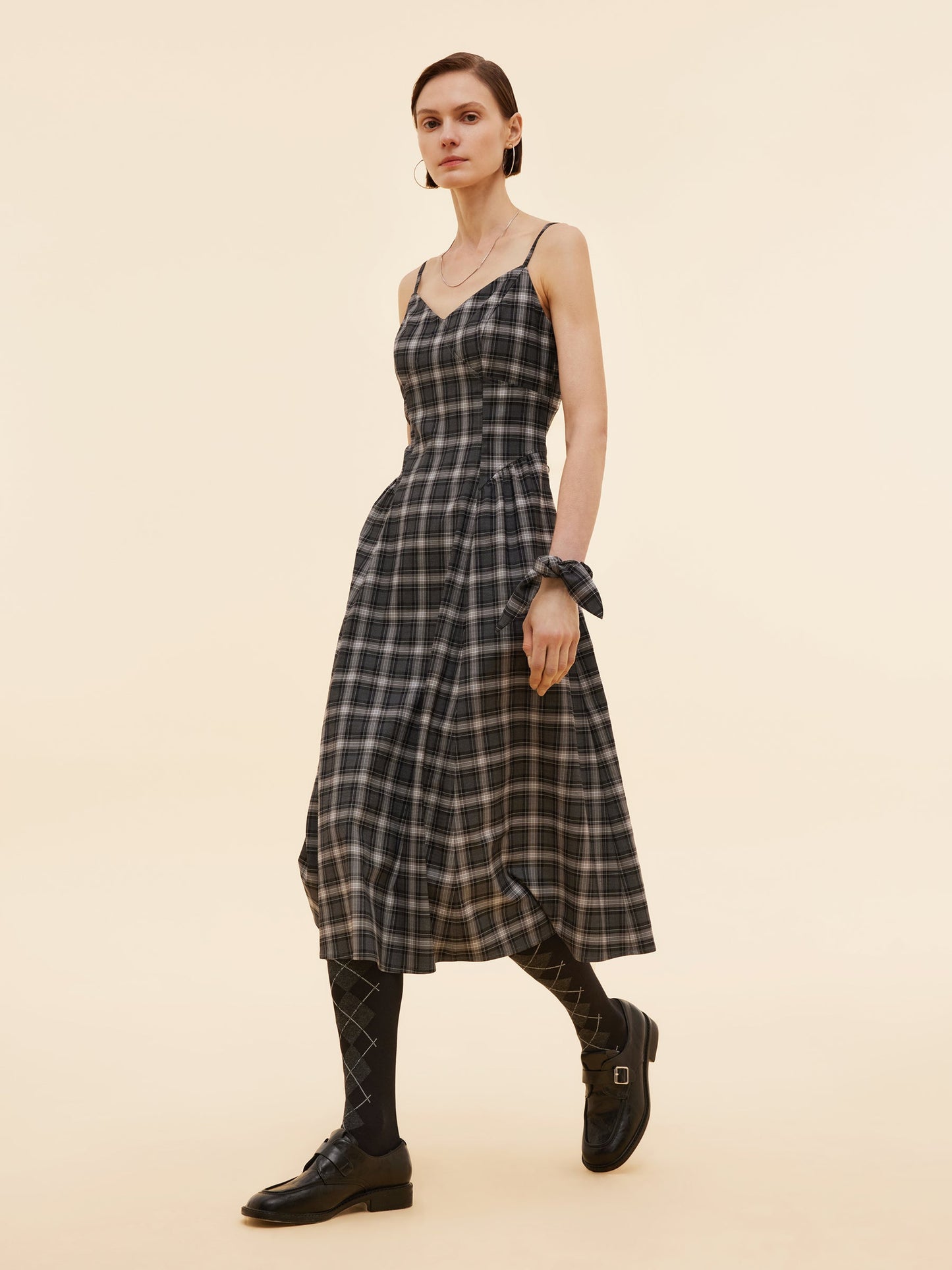 Black And Grey Plaid Women Strap Midi Dress
