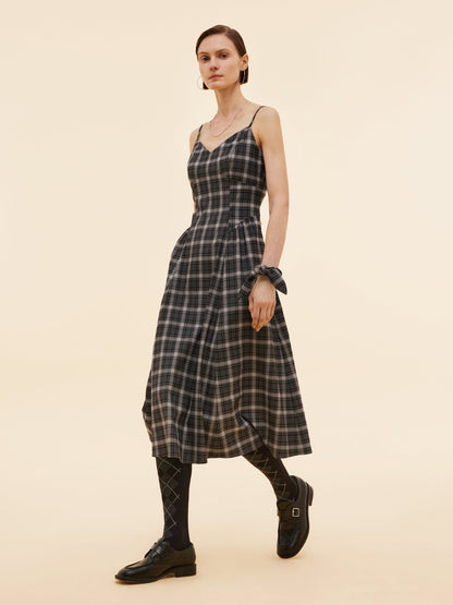 Black And Grey Plaid Women Strap Midi Dress