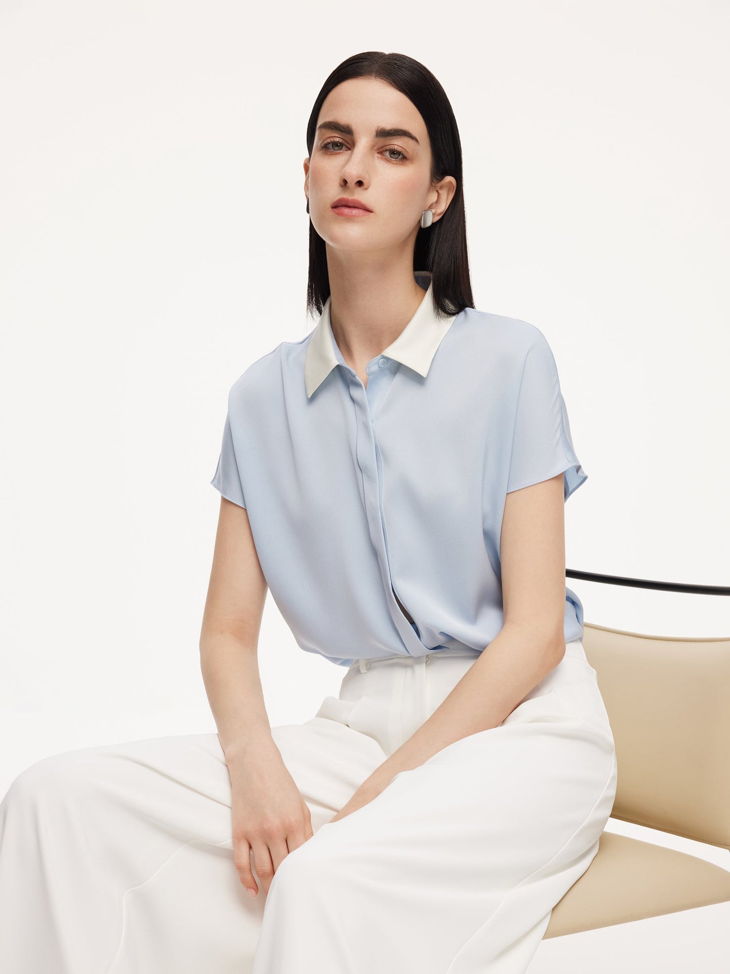 22MM Mulberry Silk Contrast Collar Tie Front Women Shirt
