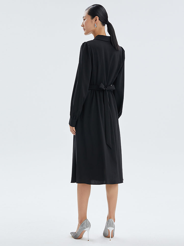 Worsted Wool V-Neck Lapel Midi Dress