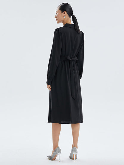 Worsted Wool V-Neck Lapel Midi Dress