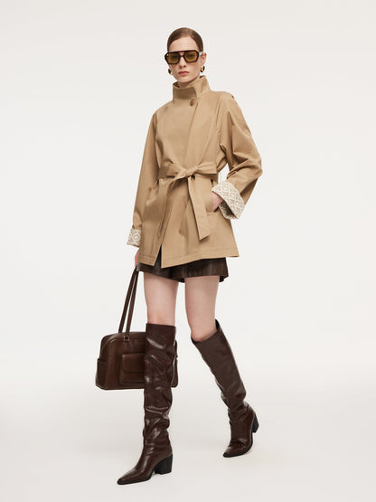Cotton Stand Collar Lace Cuffs Women Self-Tie Belt Trench Coat