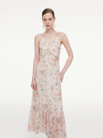 10MM Mulberry Silk Floral Print Women Strap Maxi Dress