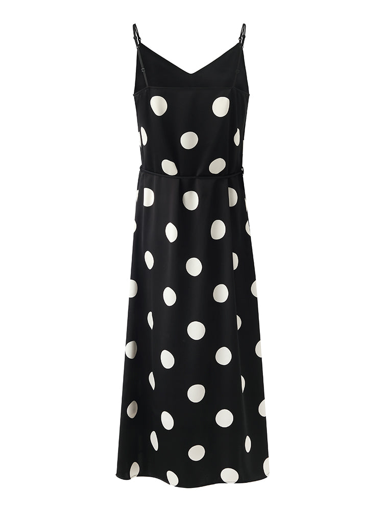 Acetate Polka Dots Print Spaghetti Strap Women Midi Dress With Rose Belt