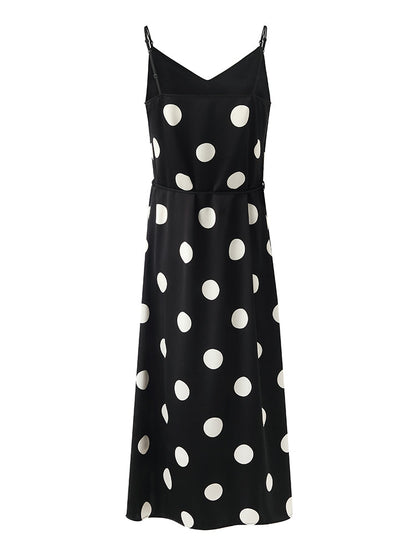 Acetate Polka Dots Print Spaghetti Strap Women Midi Dress With Rose Belt