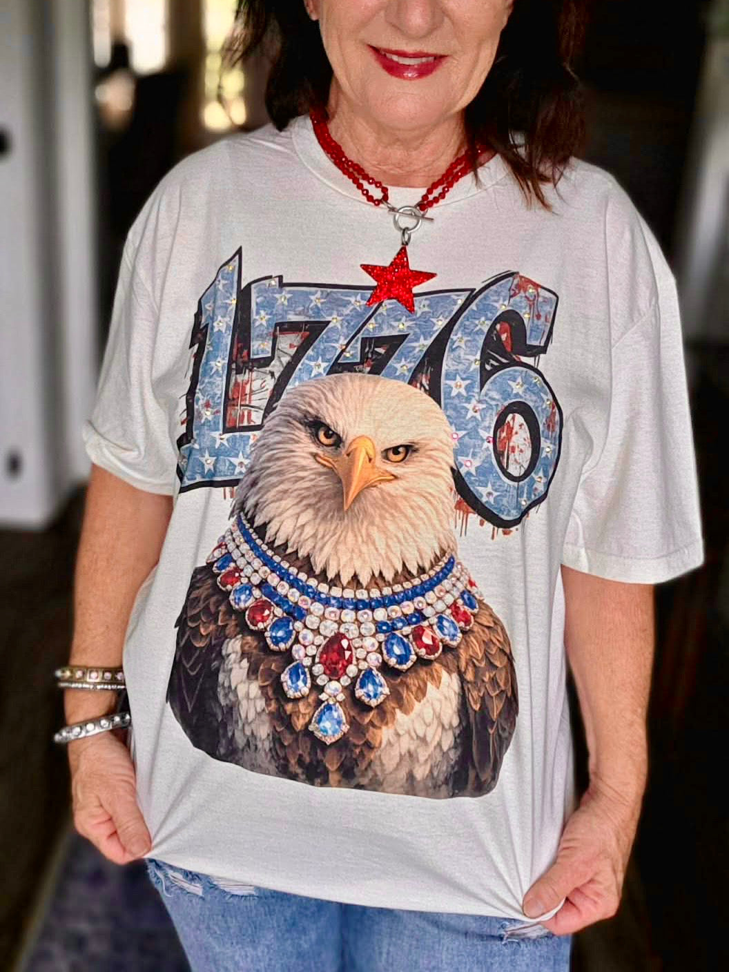 1776 Patriotic Eagle Graphic Tee with Crystal Details