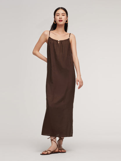 100% Linen Women Strap Maxi Dress With Tie String Belt
