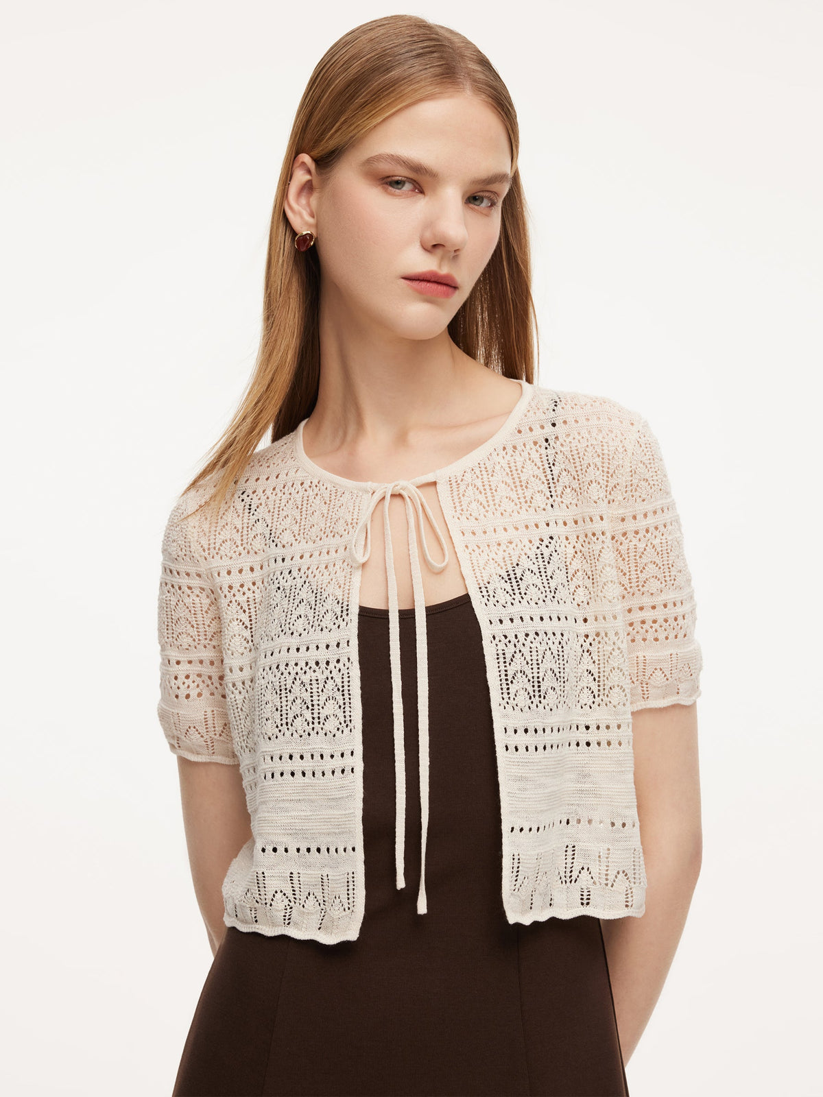 Tie Front Openwork Cardigan And Knit Strap Dress Two-Piece Set