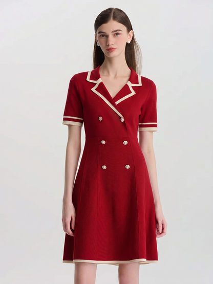 Tencel Blend Contrast Trim Women Lapel Knit Mini Dress