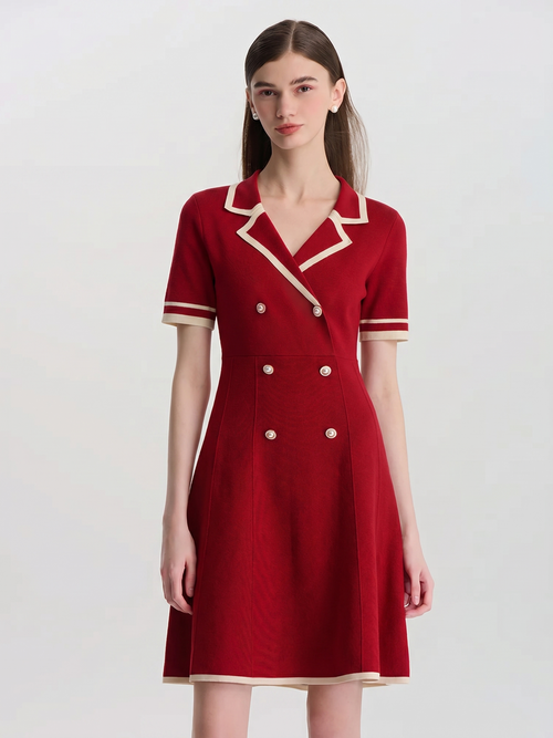 Tencel Blend Contrast Trim Women Lapel Knit Mini Dress