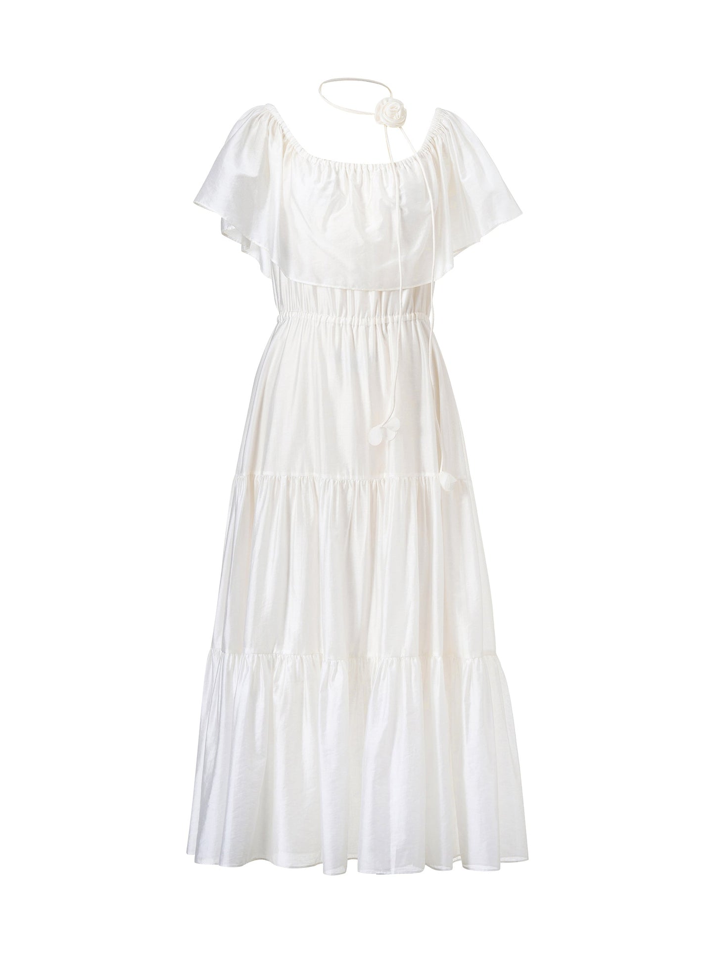 Tencel Blend Conovertible Neck Women Gathered Waist Maxi Dress With Floral Ribbon