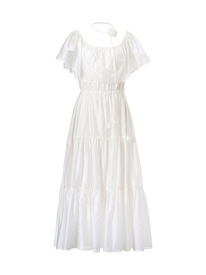 Tencel Blend Conovertible Neck Women Gathered Waist Maxi Dress With Floral Ribbon