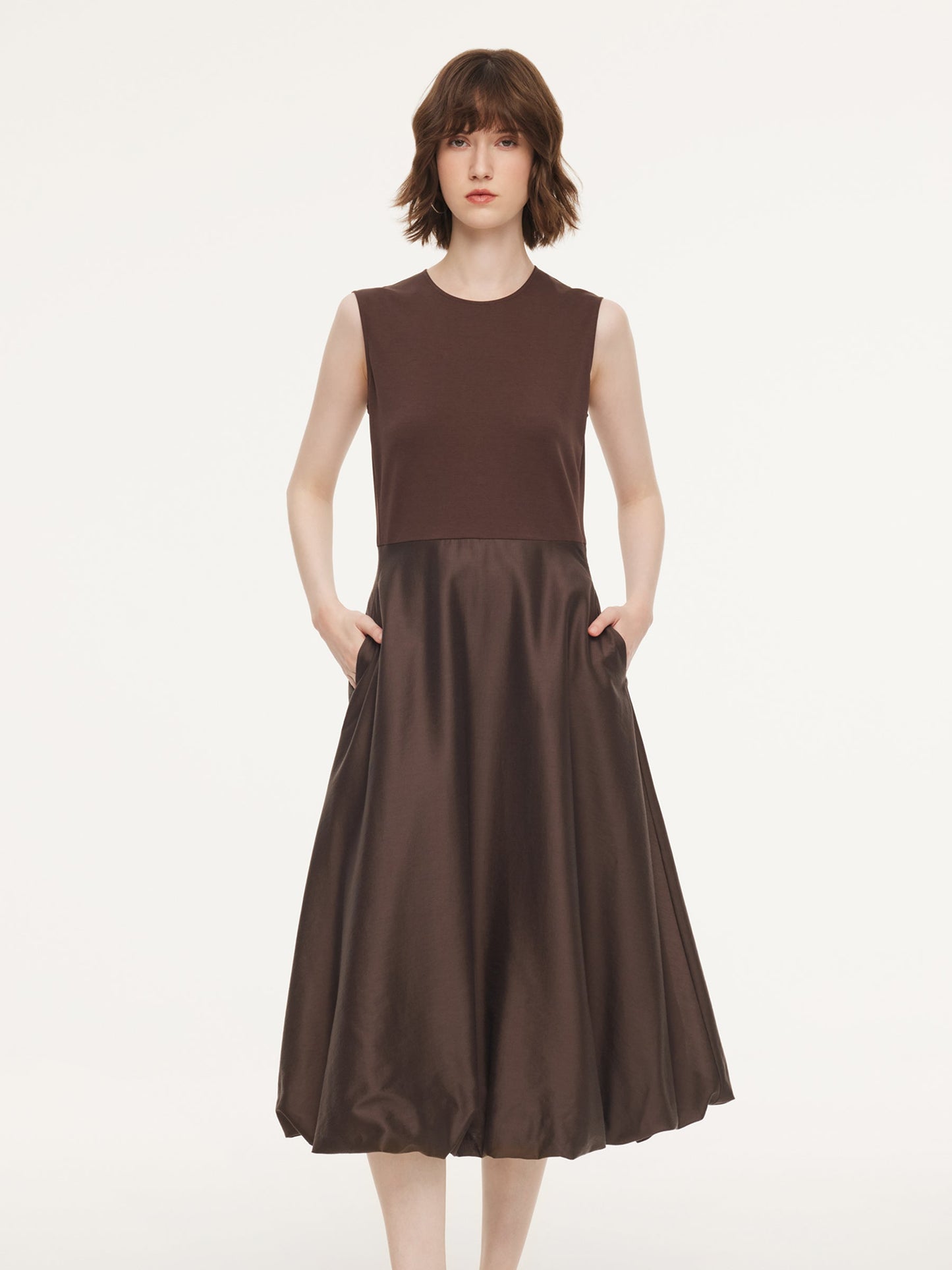 Dark Brown Patchwork Bubble Hem Women Sleeveless Maxi Dress With Bag
